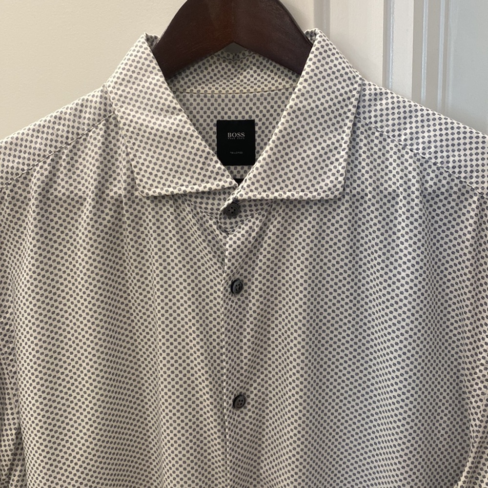 Hugo Boss White (Blue Dotted) Tailored Slim Fit Dress Shirt - Size 16.5